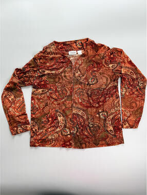 Chico’s Paisley Top Womens Medium, Long Sleeve Brown Orange Boho Top S-M